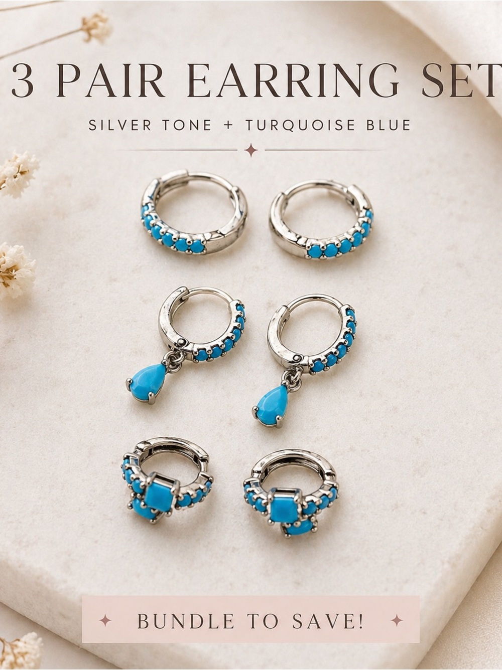 Turquoise Teal Blue Stone Silver Hoop Earring Set